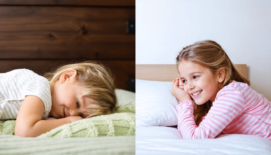 Side-by-side comparison of calm bedtime routine versus child resisting bedtime