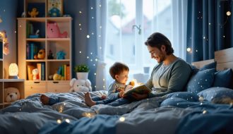 A parent reading a bedtime story to a child in a dimly lit bedroom. The child is tucked in bed with a stuffed animal, showcasing a soothing bedtime routine.