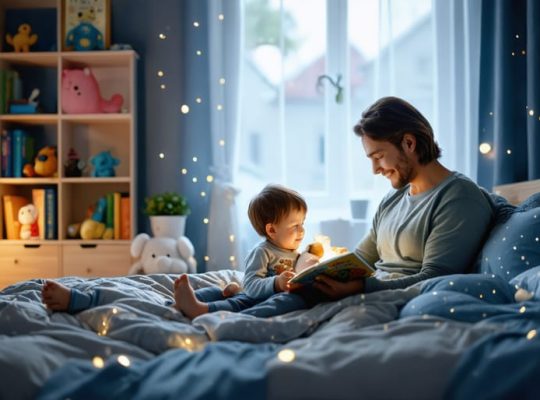 A parent reading a bedtime story to a child in a dimly lit bedroom. The child is tucked in bed with a stuffed animal, showcasing a soothing bedtime routine.
