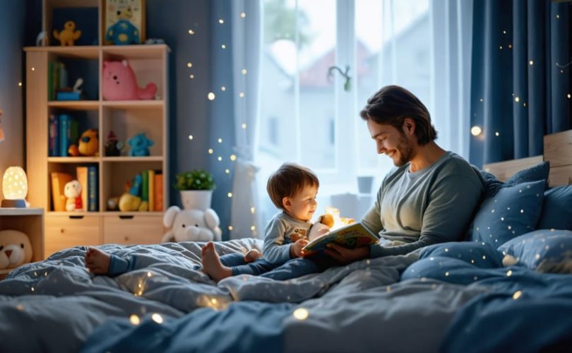A parent reading a bedtime story to a child in a dimly lit bedroom. The child is tucked in bed with a stuffed animal, showcasing a soothing bedtime routine.