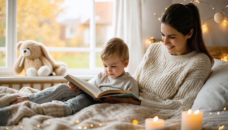 Parent and child sharing bedtime story together in dimly lit bedroom with soft lighting