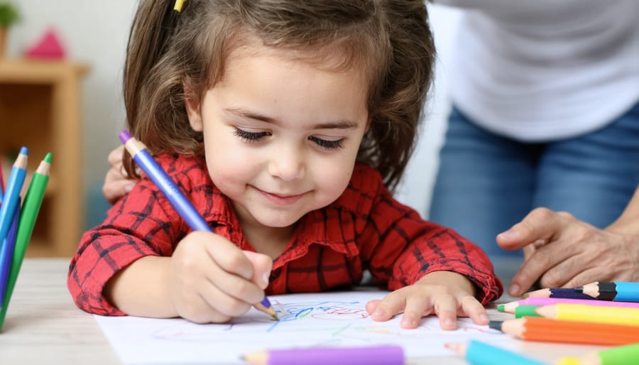 Young child engaged in therapeutic art activity with caring adult nearby