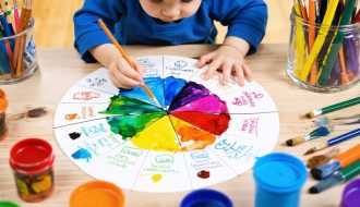 A young child drawing an emotion wheel with vibrant colors, depicting different emotions through art in a warm and engaging setting.