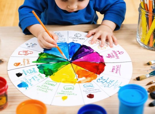 A young child drawing an emotion wheel with vibrant colors, depicting different emotions through art in a warm and engaging setting.