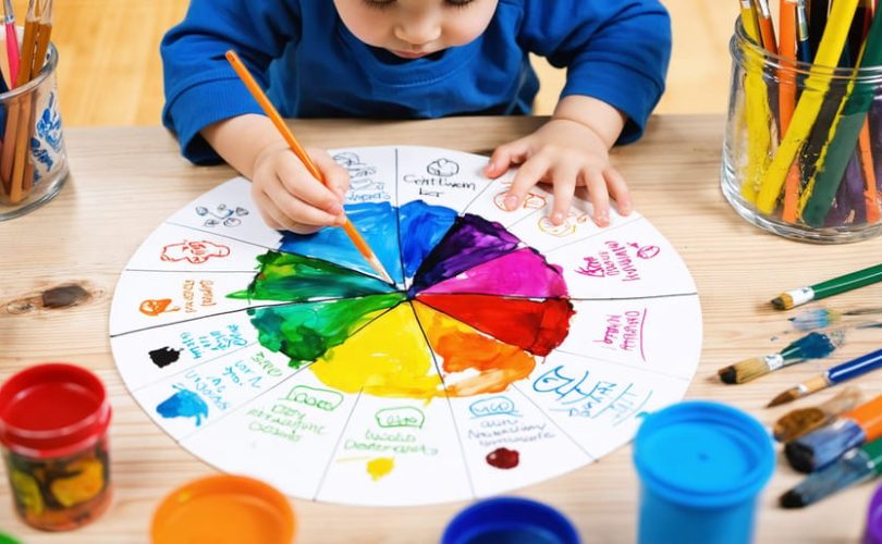 A young child drawing an emotion wheel with vibrant colors, depicting different emotions through art in a warm and engaging setting.