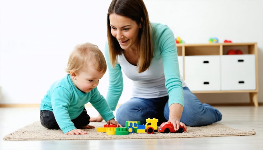 Parent sitting on floor with child, observing as child demonstrates play with toys