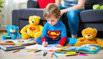 A young child happily drawing a superhero scene on paper while a supportive parent watches, fostering storytelling and creativity in a warm home setting.