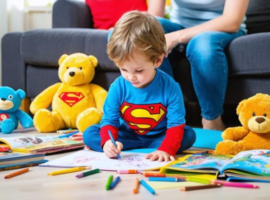 A young child happily drawing a superhero scene on paper while a supportive parent watches, fostering storytelling and creativity in a warm home setting.