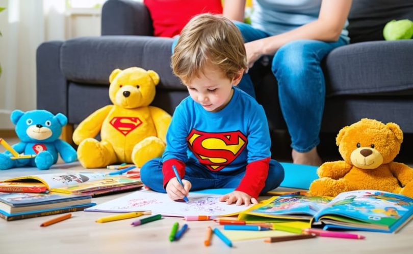 A young child happily drawing a superhero scene on paper while a supportive parent watches, fostering storytelling and creativity in a warm home setting.