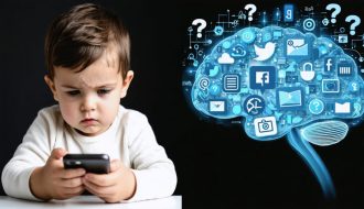 Split image showing a child looking concerned at their phone, with abstract visuals representing social media algorithms and anxiety around them.
