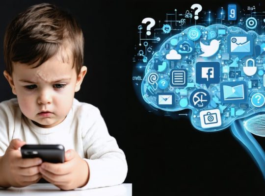 Split image showing a child looking concerned at their phone, with abstract visuals representing social media algorithms and anxiety around them.