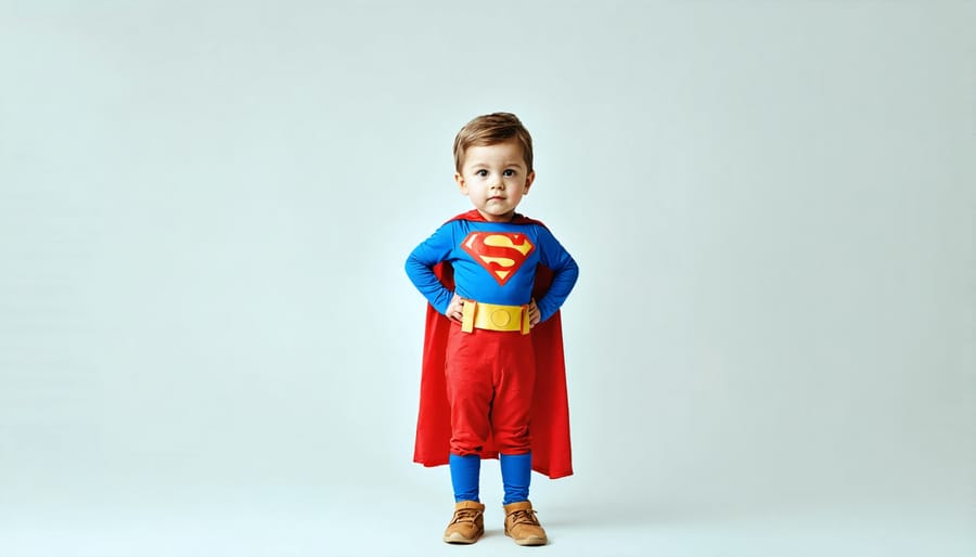 Child wearing cape and mask in triumphant superhero pose