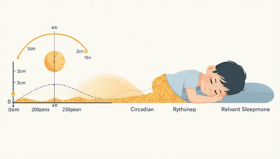 Diagram of 24-hour circadian rhythm cycle showing melatonin and cortisol levels with sleeping child