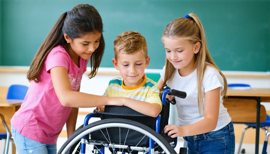 Diverse group of students collaborating on a school project, inclusively involving their peer who uses a wheelchair