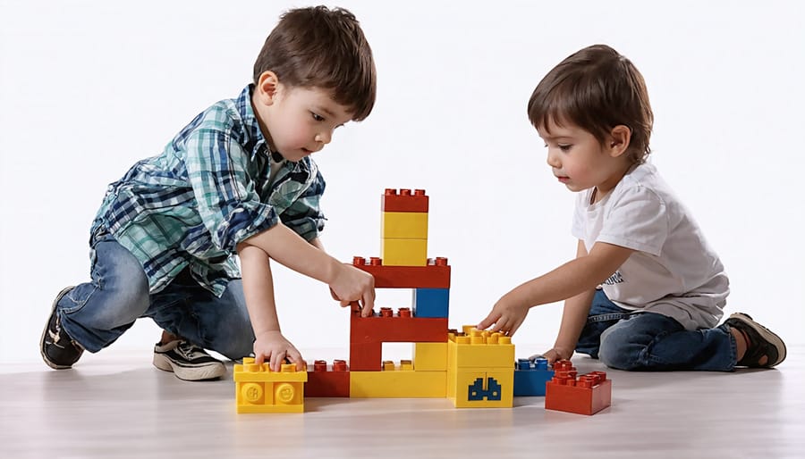 Group of diverse preschoolers collaboratively building a wooden block structure