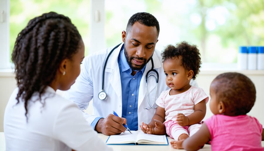 Mental health professional conducting a therapy session with a child and parents from a minority background