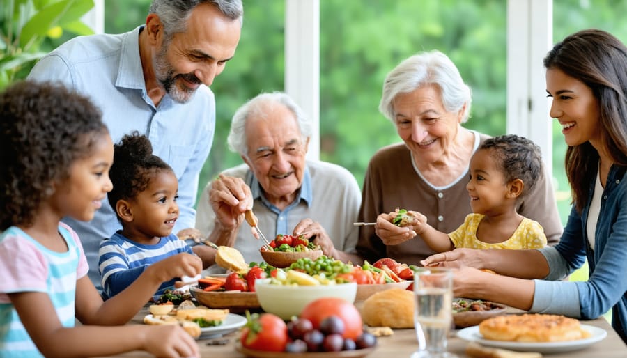 Diverse multi-generational family members interacting and sharing cultural traditions