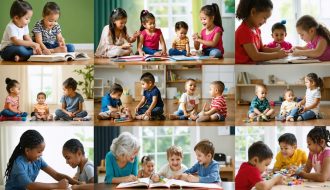 Children of different ethnic backgrounds interacting with elders and peers, engaging in activities that highlight cultural influences on child development, including family gatherings, educational settings, and emotional expressions.