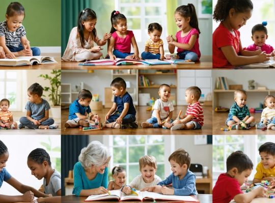 Children of different ethnic backgrounds interacting with elders and peers, engaging in activities that highlight cultural influences on child development, including family gatherings, educational settings, and emotional expressions.