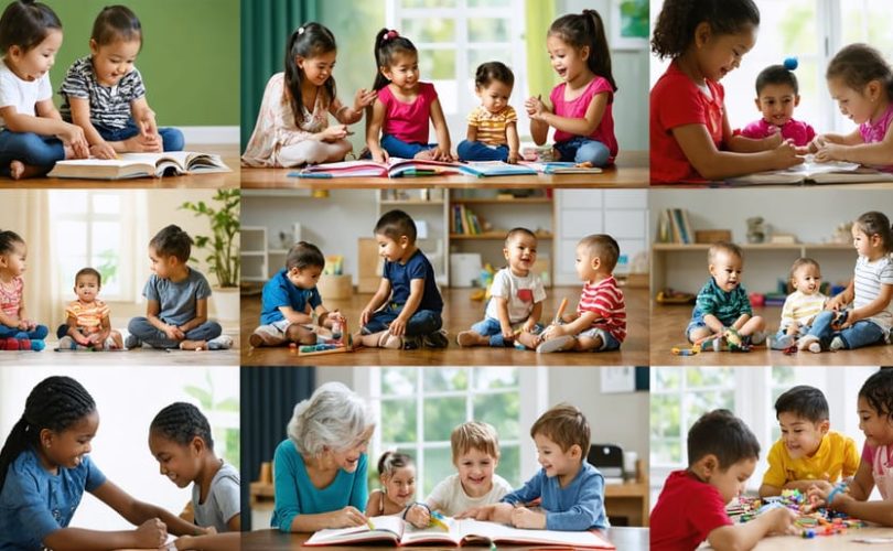 Children of different ethnic backgrounds interacting with elders and peers, engaging in activities that highlight cultural influences on child development, including family gatherings, educational settings, and emotional expressions.