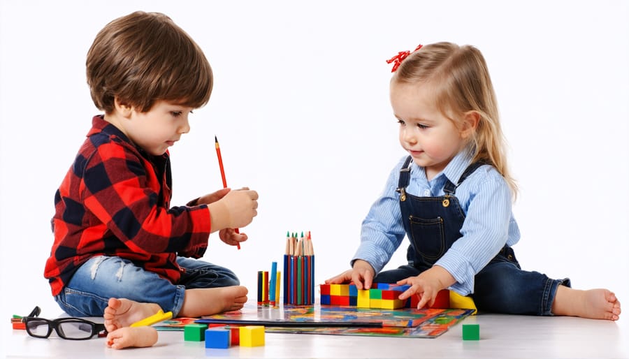 Children playing dress-up and working together in a pretend kitchen scenario