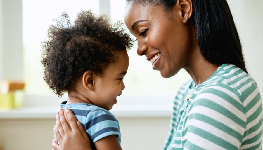 Parent comforting upset child while maintaining composed demeanor
