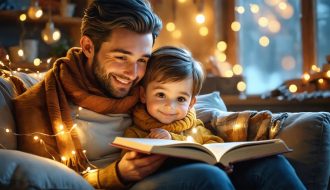 A parent and child sharing a heartfelt storytelling moment on a couch, surrounded by books and warm ambiance.