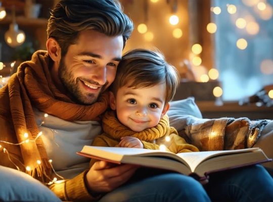A parent and child sharing a heartfelt storytelling moment on a couch, surrounded by books and warm ambiance.
