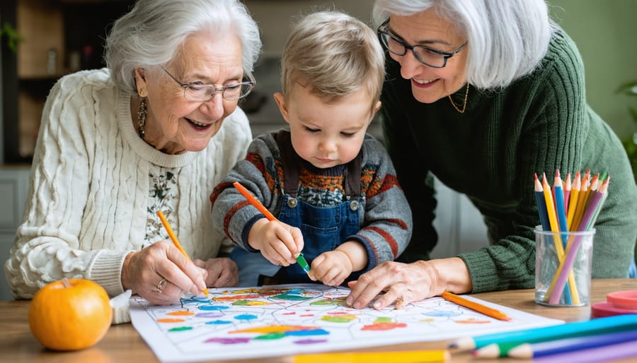 Three generations of family members participating in healing activities like art therapy or meditation