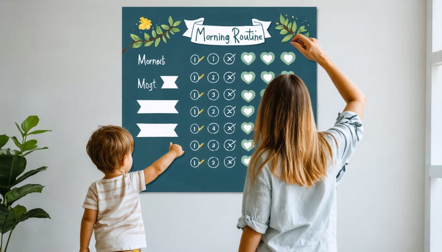 Parent and child using a colorful routine chart to track daily activities