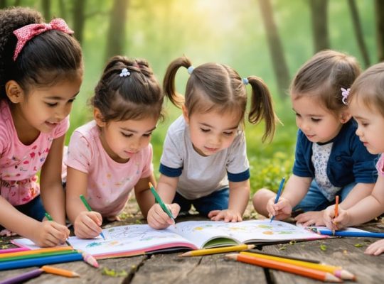 A diverse group of children interacting through drawing, playing, and talking in a colorful, whimsical environment, representing the role of friendship in shaping identity and self-awareness.
