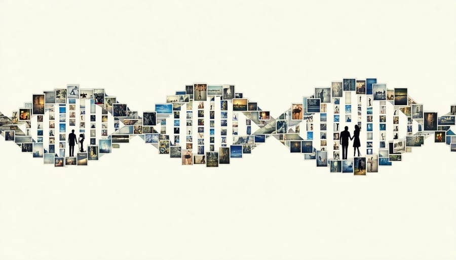 Artistic representation of DNA helix containing family photographs, symbolizing the biological inheritance of trauma