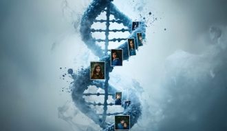 Conceptual illustration of a DNA helix intertwined with family photos and emotional waves, symbolizing the transmission of trauma through generations and its impact on children's mental health.