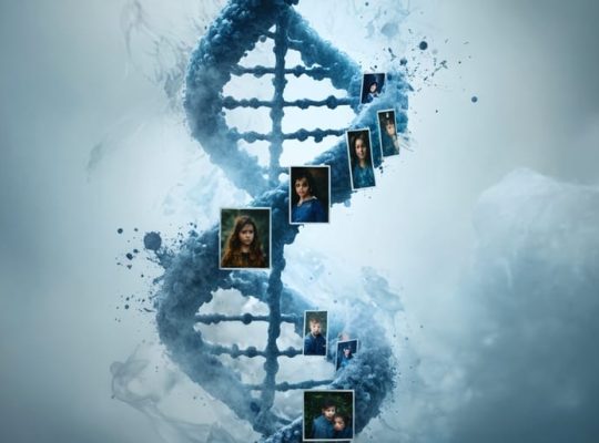 Conceptual illustration of a DNA helix intertwined with family photos and emotional waves, symbolizing the transmission of trauma through generations and its impact on children's mental health.