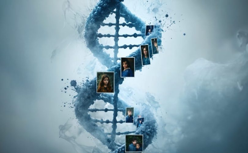 Conceptual illustration of a DNA helix intertwined with family photos and emotional waves, symbolizing the transmission of trauma through generations and its impact on children's mental health.