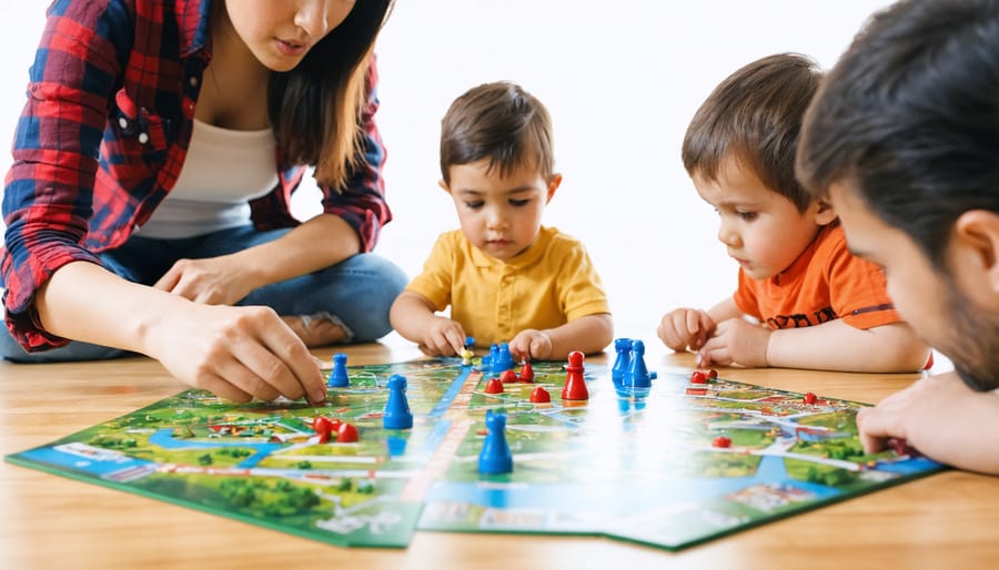 Family playing a board game together with parent showing children how to take turns