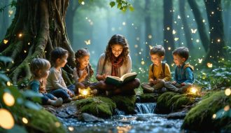An illustration of a storyteller engaging a diverse group of children in an enchanted forest, with magical elements symbolizing the therapeutic power of storytelling.