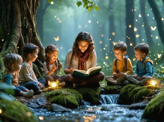 An illustration of a storyteller engaging a diverse group of children in an enchanted forest, with magical elements symbolizing the therapeutic power of storytelling.