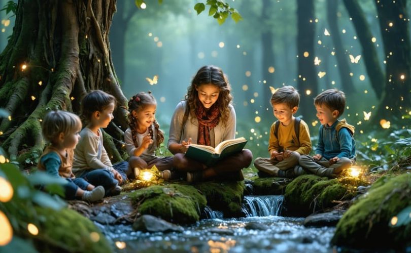 An illustration of a storyteller engaging a diverse group of children in an enchanted forest, with magical elements symbolizing the therapeutic power of storytelling.