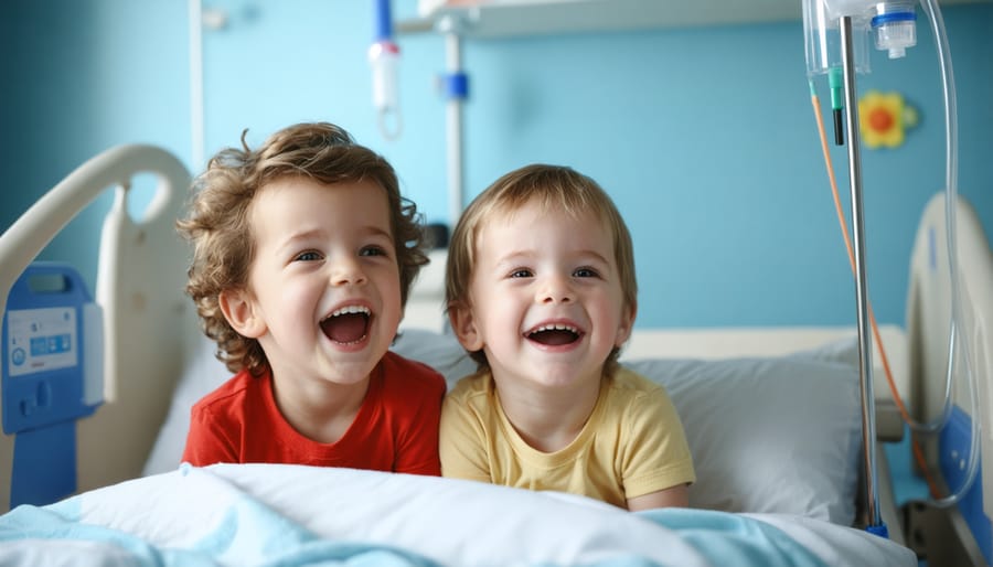 Two young friends playing board games together in a hospital setting, one child with medical equipment nearby