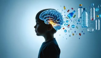 Illustration of a child's silhouette with microplastic particles entering the brain from household sources like plastic toys and bottles.