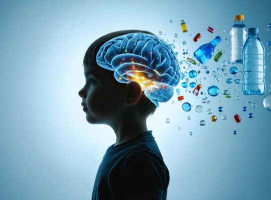 Illustration of a child's silhouette with microplastic particles entering the brain from household sources like plastic toys and bottles.