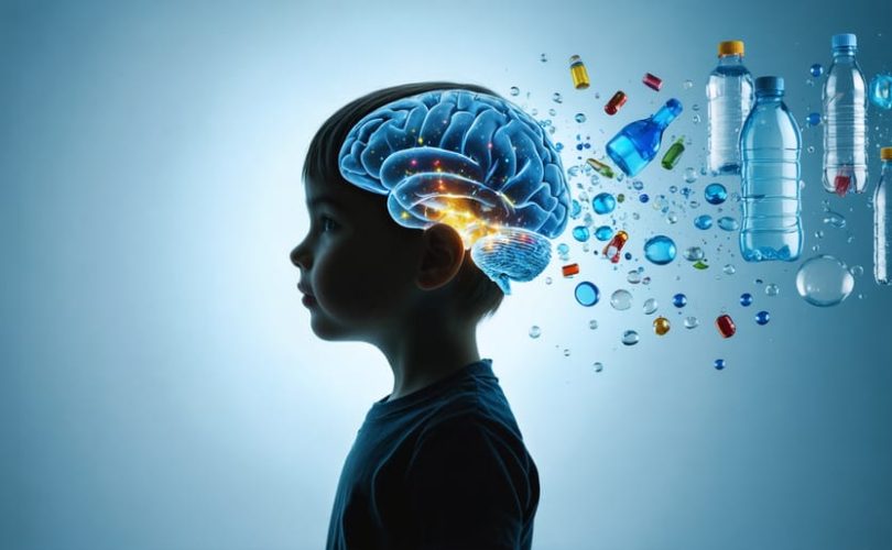 Illustration of a child's silhouette with microplastic particles entering the brain from household sources like plastic toys and bottles.