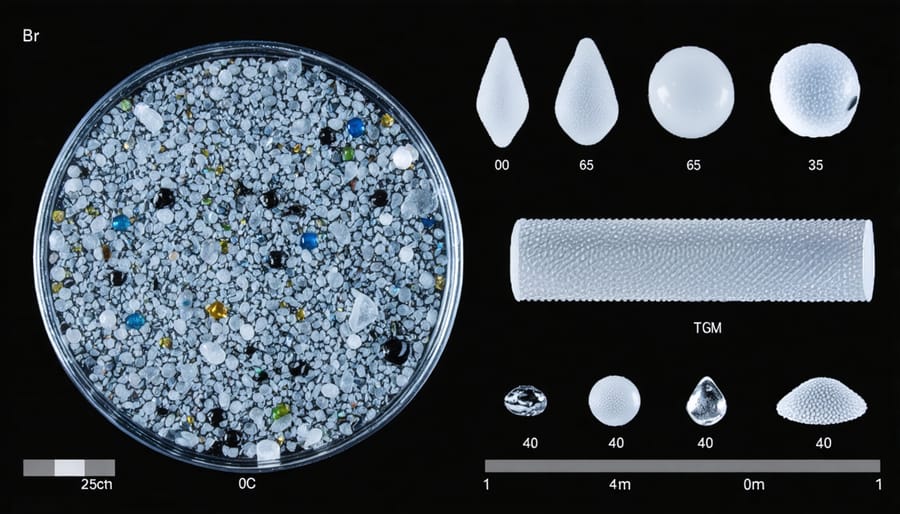 Magnified view of colorful microplastic particles of different shapes and sizes under a microscope