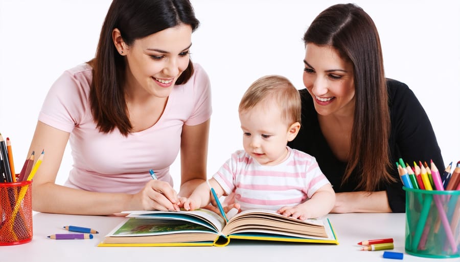 Parent helping child write and illustrate their own storybook