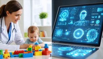 Pediatric psychiatrist engaging with a child in an office while AI interface on a tablet analyzes data, demonstrating the integration of human expertise and AI in diagnosing autism.