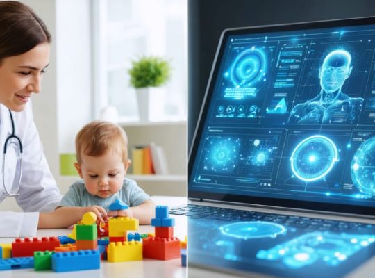 Pediatric psychiatrist engaging with a child in an office while AI interface on a tablet analyzes data, demonstrating the integration of human expertise and AI in diagnosing autism.