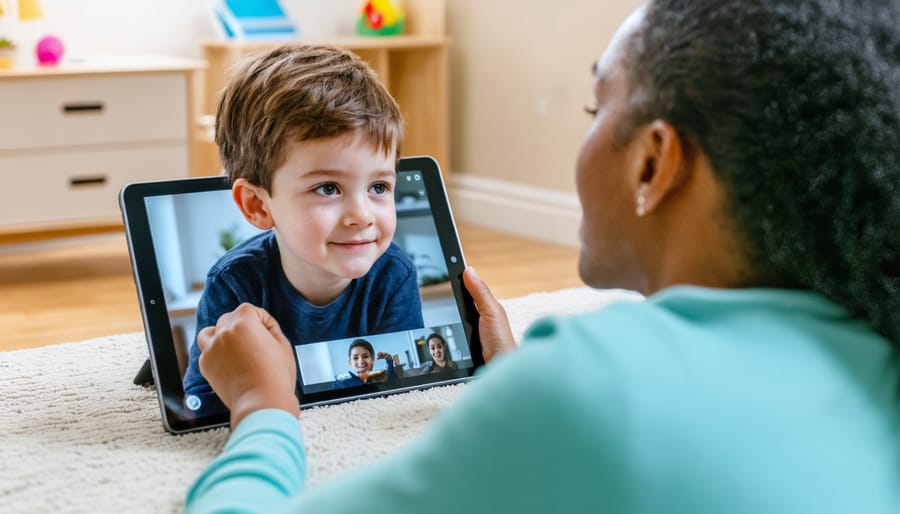 Young person engaged in telehealth counseling session using digital device at home