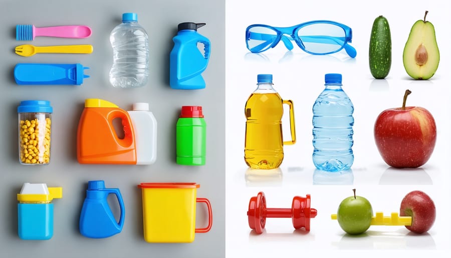 Side-by-side comparison of plastic and eco-friendly children's products including toys, bottles, and containers