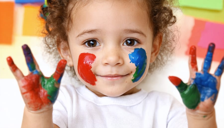 Preschooler creating a colorful emotion wheel with finger paints